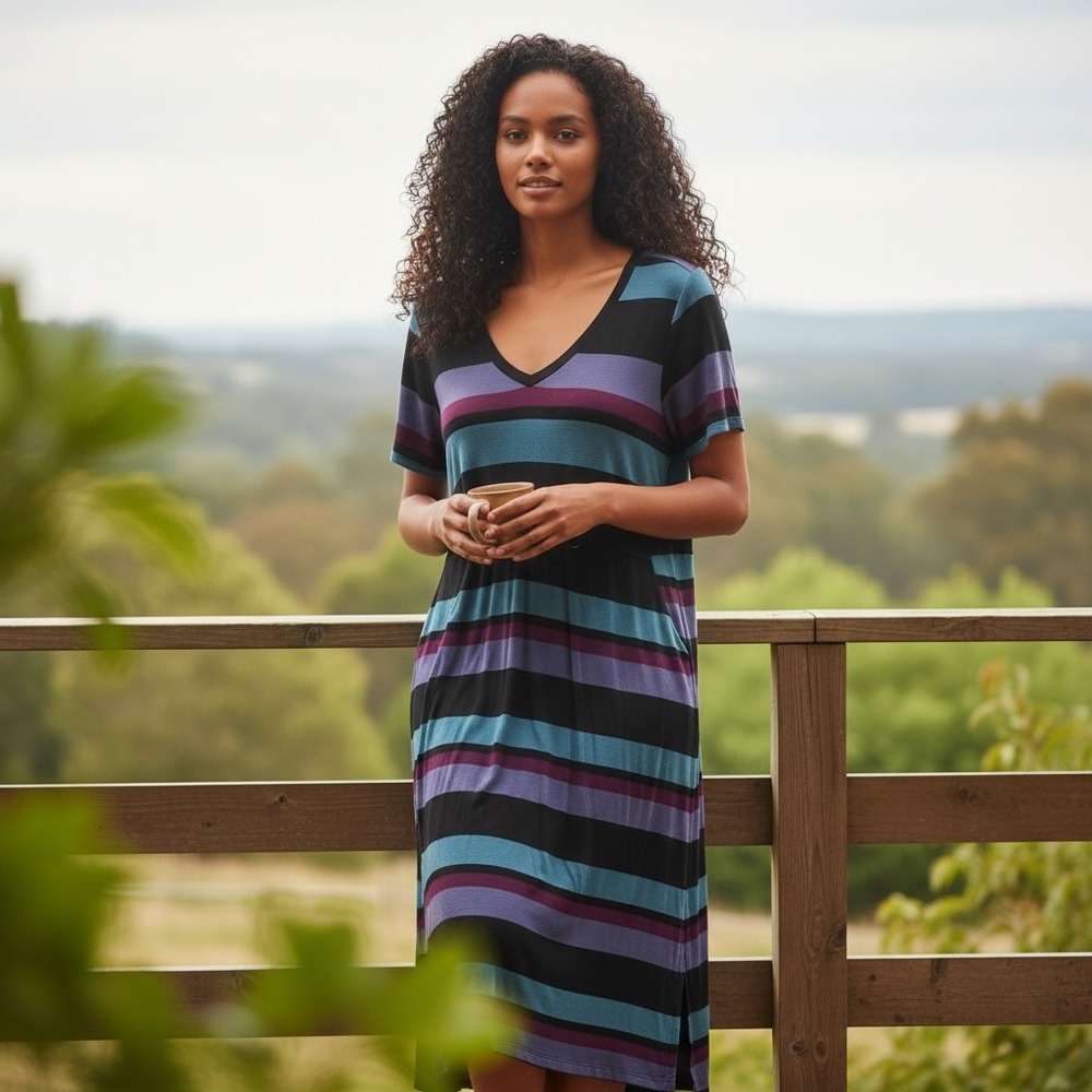 Torrid Super Soft Knit Maxi Dress Black Blue Purple Stripe V Neck Short SleeveOO